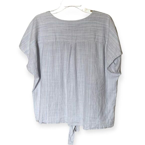 Caffe Marrakech Blue Stripe Linen-Blend Short Sleeve Shirt with Tie Front Size L - Picture 2 of 10